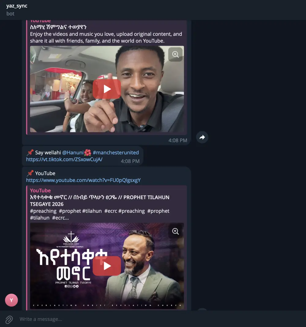 The yaz_sync Telegram bot chat showing saved links posted as clickable messages with link previews