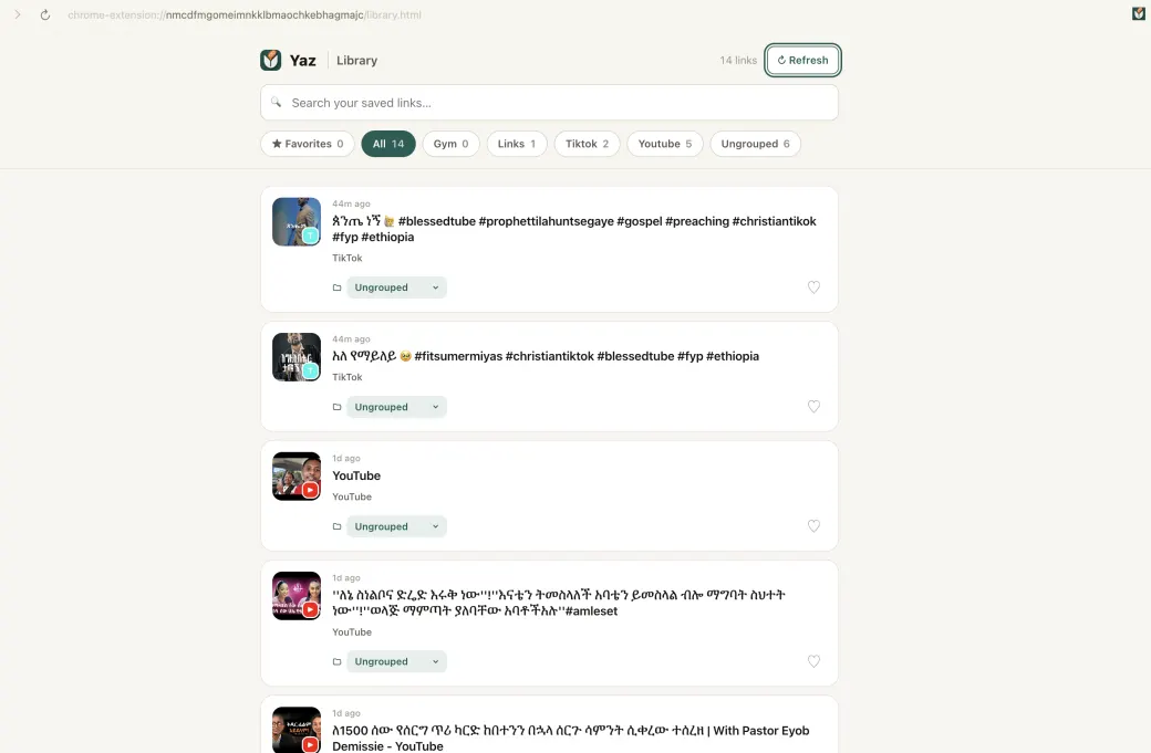 The Yaz browser-extension Library showing saved links with filter chips for folders and favorites